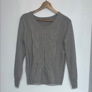 Evolution by Cyrus Women’s Small V-Neck Cable Knit Sweater Gray Stretch Soft